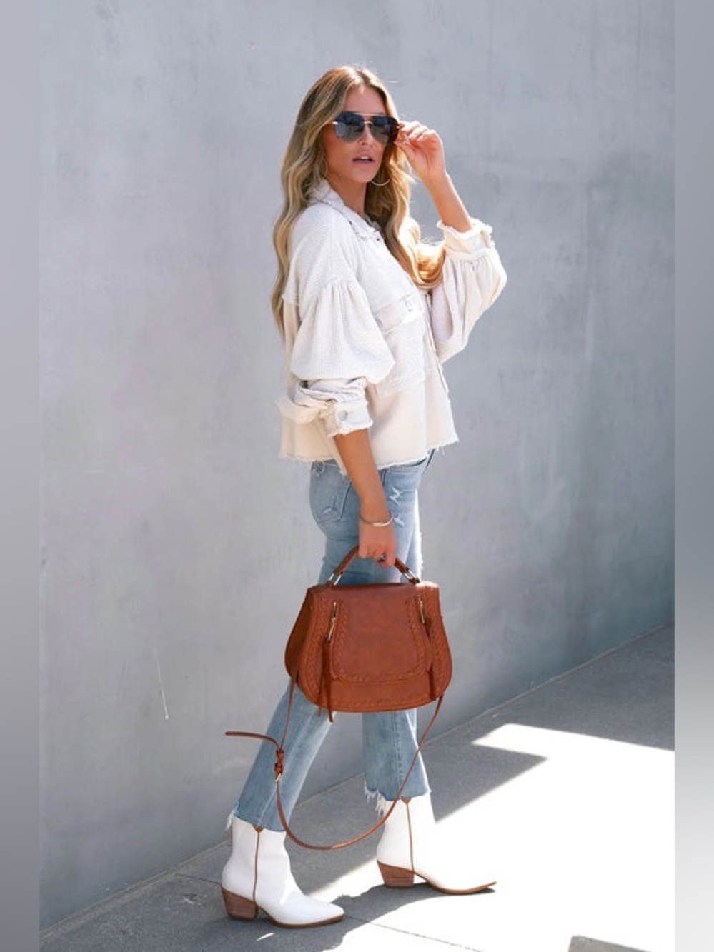 POL Pieced Denim Knit Balloon Sleeve Button Down Shirt Jean Jacket Patchwork - Picture 3 of 10